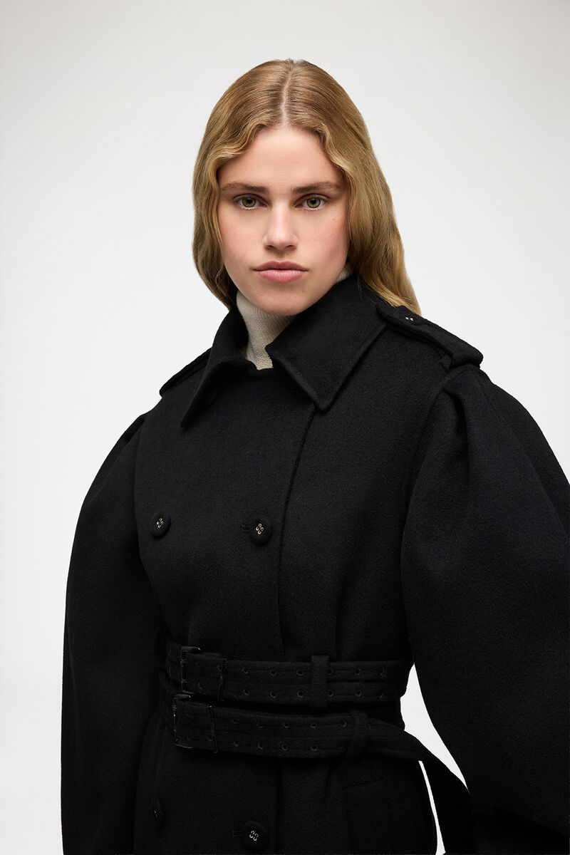 Coat in Double-Faced Wool, Wool, in colour Black - 3 - GANNI