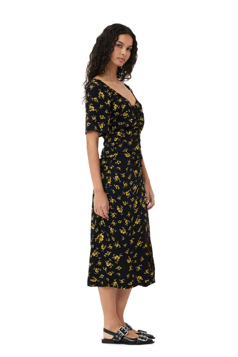 Printed Crepe U-neck Midi Dress, Viscose, in colour Black - 3 - GANNI