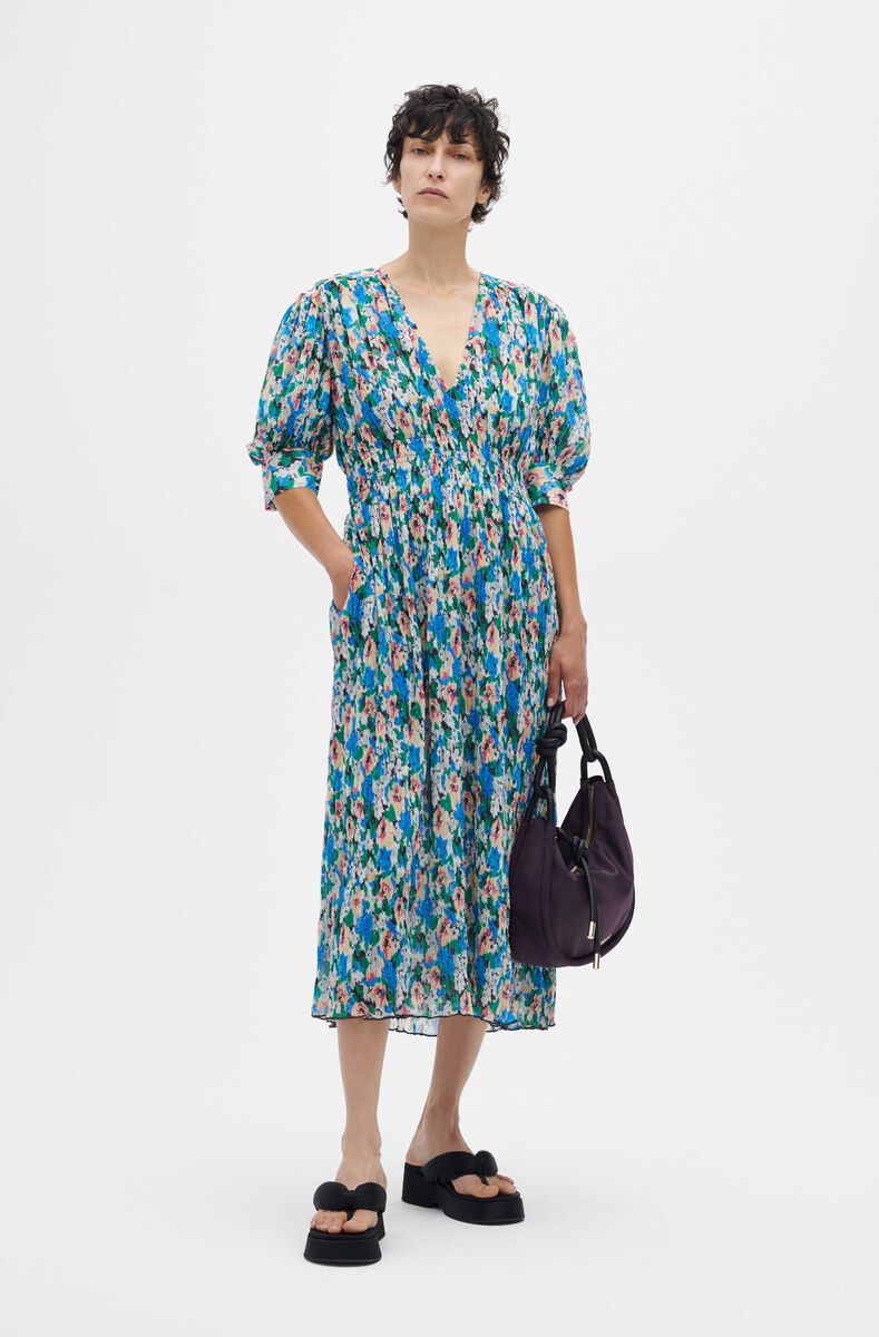 V-Neck Midi Dress, Polyester, in colour Floral Azure Blue - 1 - GANNI