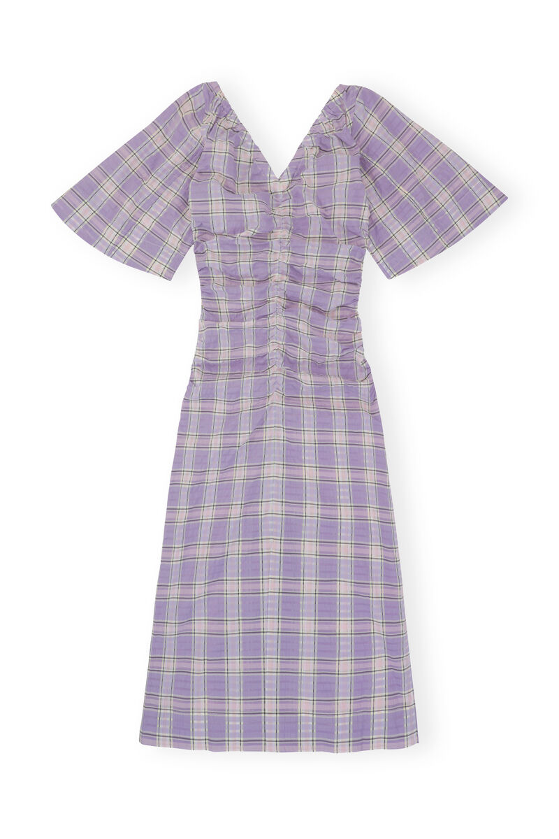 Seersucker Midi Dress, Organic Cotton, in colour Check Persian Violet - 2 - GANNI