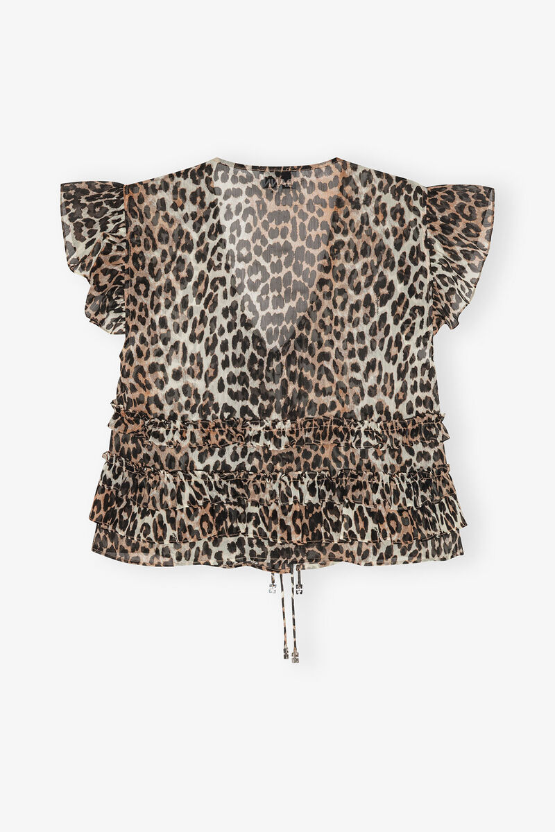 Leopard Chiffon Ruffle Blouse, Recycled Polyester, in colour Leopard - 2 - GANNI