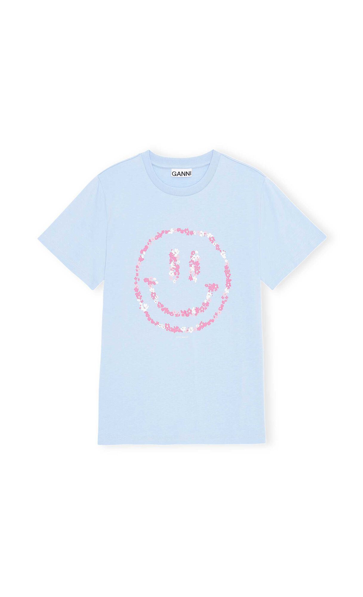 Basic Jersey Flower Smiley Print O-neck Relaxed T-shirt, Cotton, in colour Placid Blue - 1 - GANNI