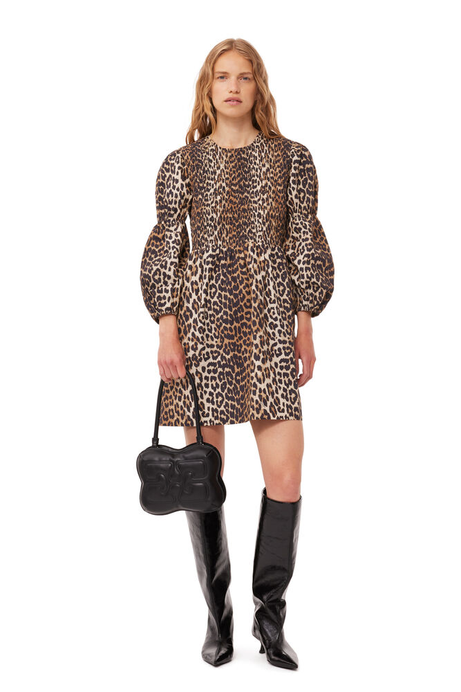 GANNI Leopard Cotton Poplin Smock Mini Dress