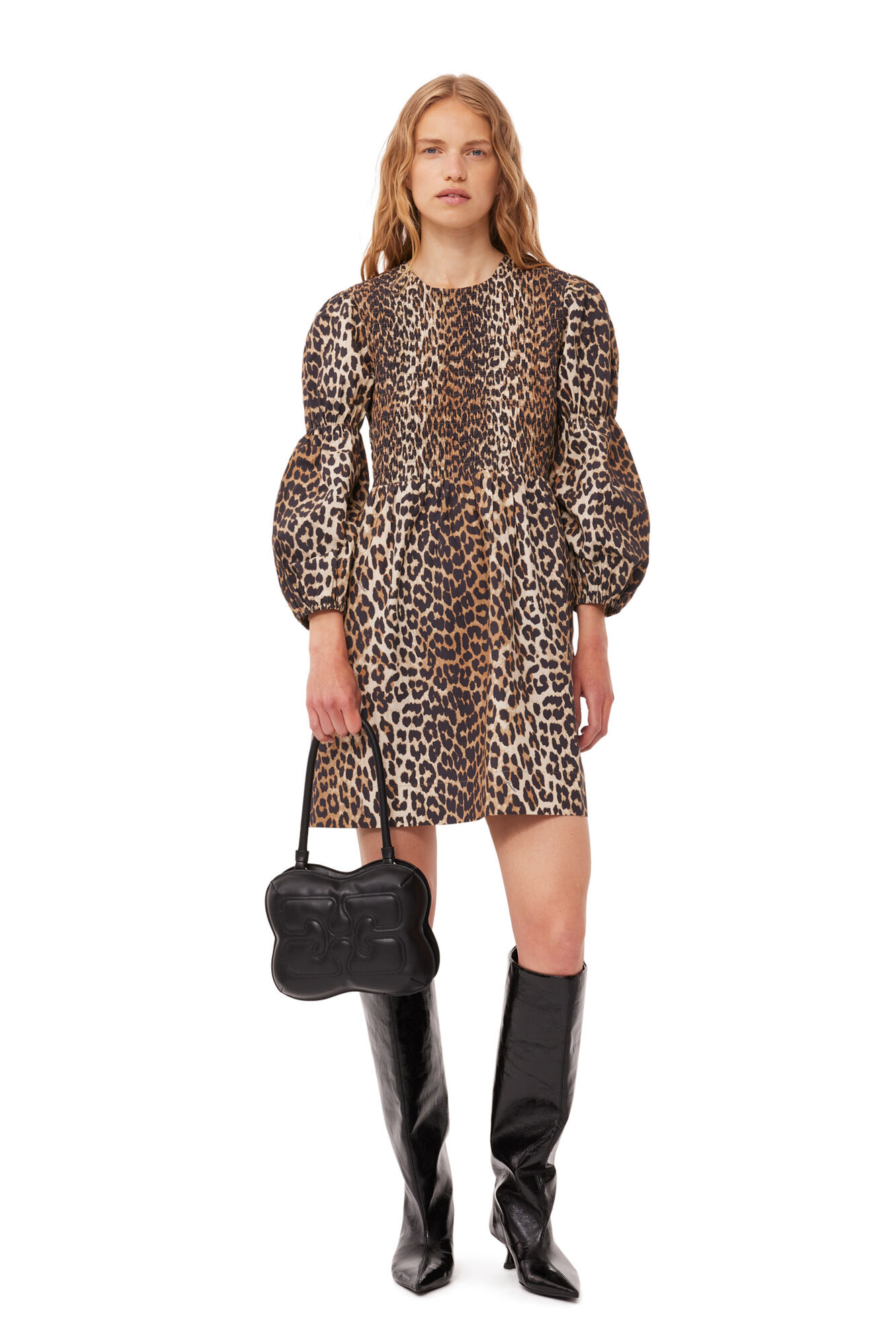 Ganni Leopard Cotton Poplin Smock Mini Dress