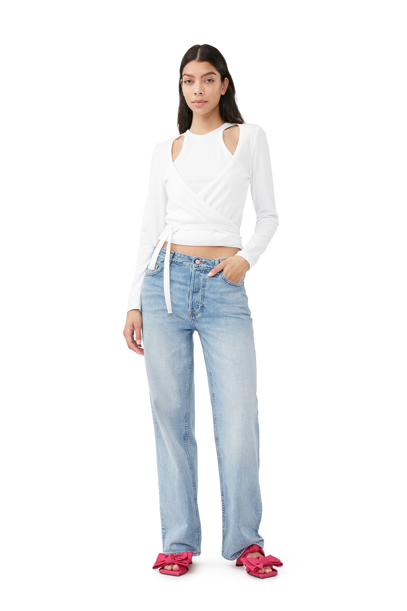 Rib Jersey Wrap Blouse, Elastane, in colour Bright White - 2 - GANNI