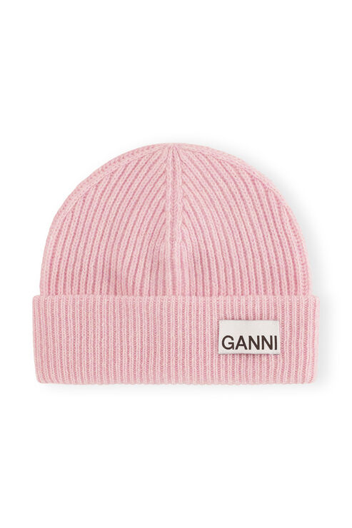 Ganni Light Pink Fitted Rib Knit Wool Beanie In Mauve Chalk