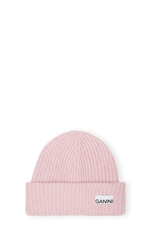 Ganni Light Pink Fitted Rib Knit Wool Beanie In Mauve Chalk