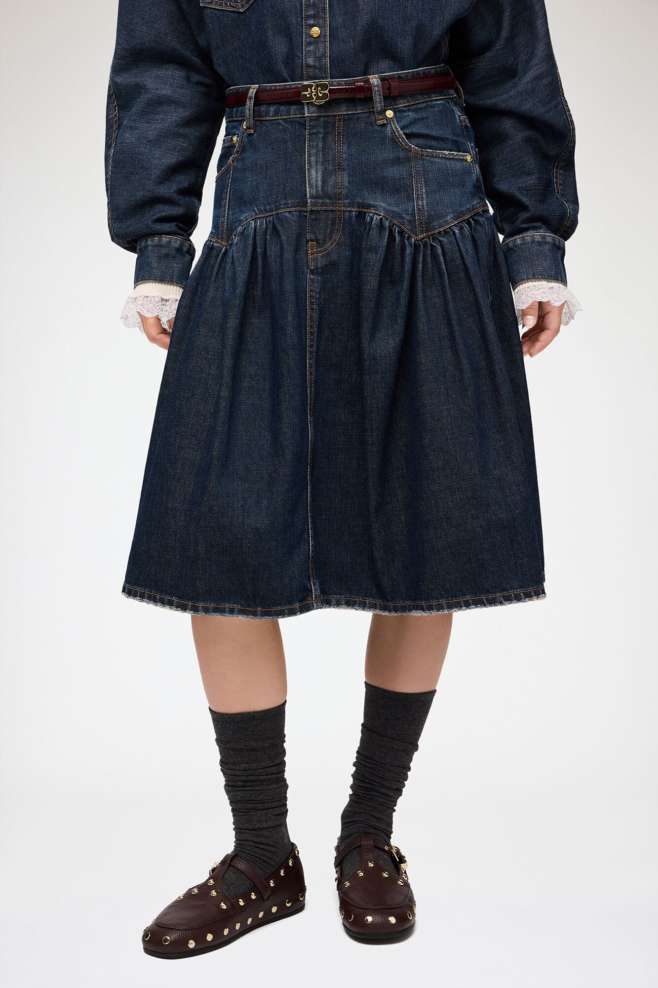 Nederdel i tekstureret slub-denim, Recycled Cotton, in colour Dark Blue Vintage - 2 - GANNI