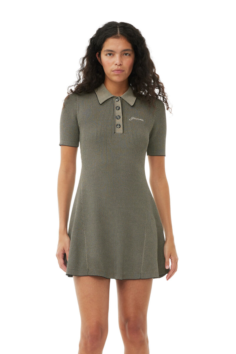 Brown Melange Knit Short Sleeve Mini Kleid, Elastane, in colour Safari - 2 - GANNI