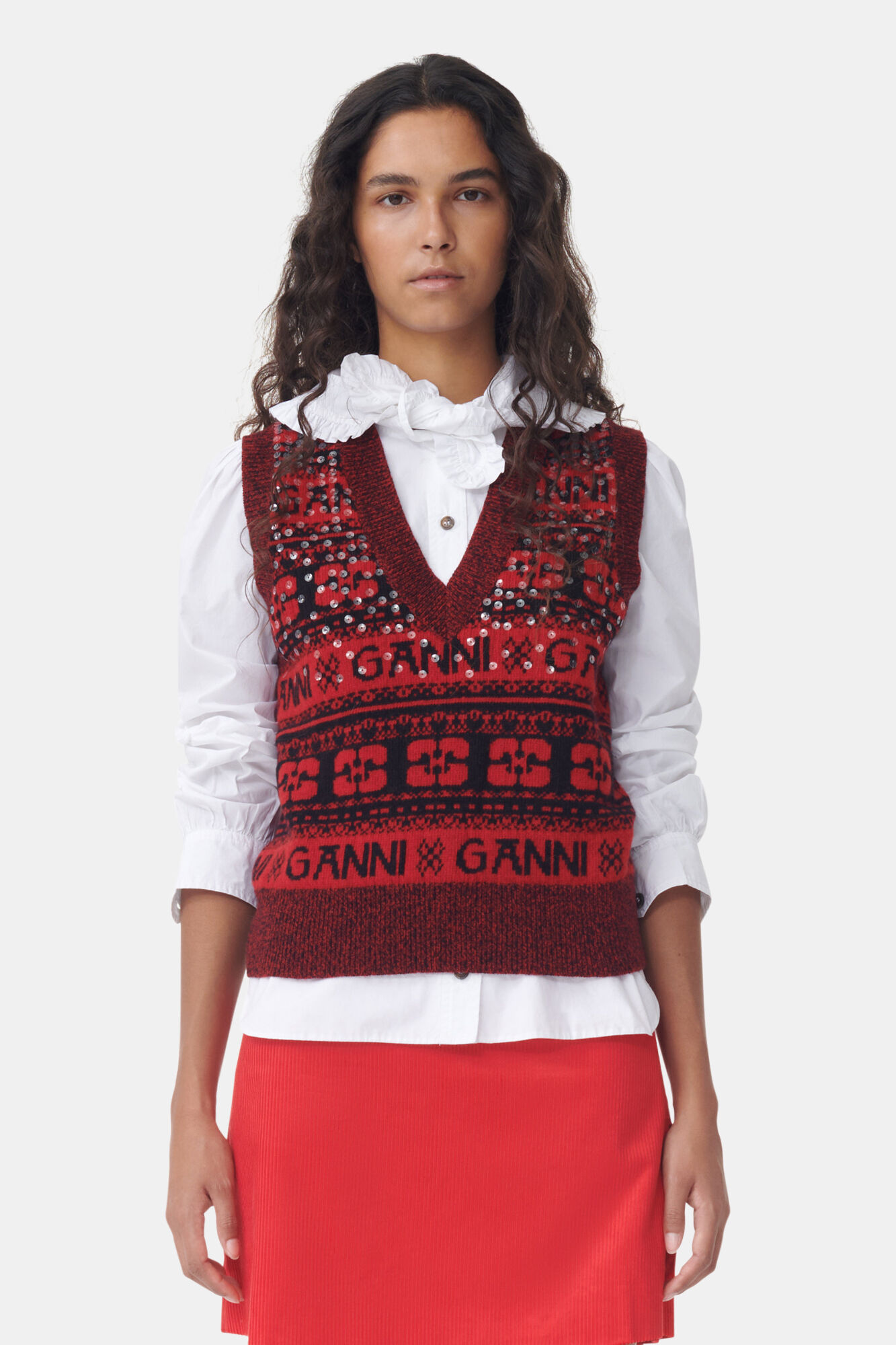 Red Sequins Logo Wool Mix Vest, Recycled Polyamide, in colour High Risk Red - 1 - GANNI