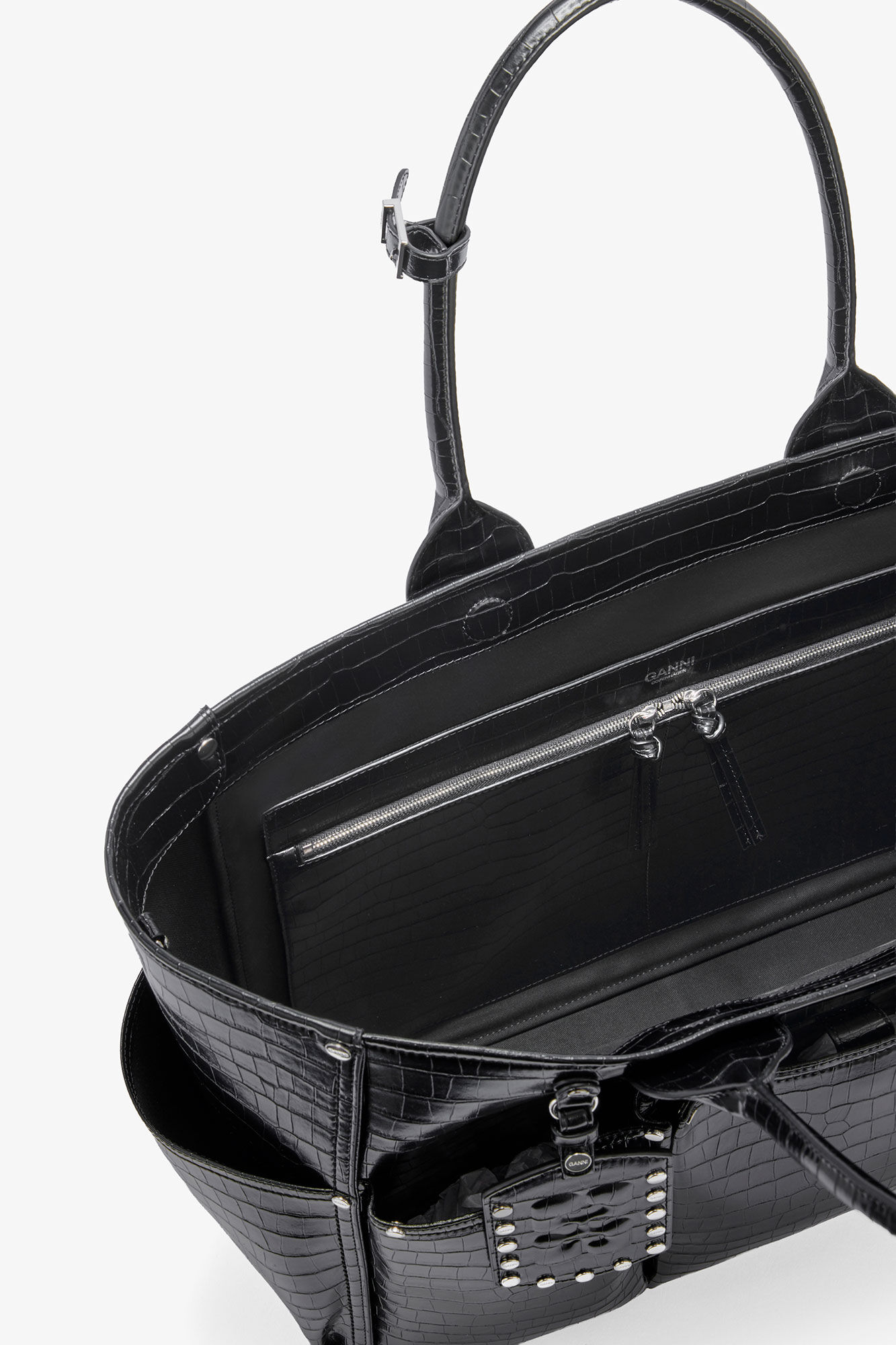 Posy Bag in Black Croco, Recycled Leather, in colour Black - 3 - GANNI