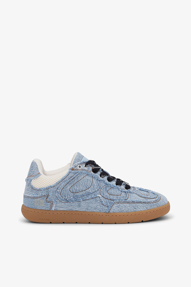 08 Sneakers i denim med flosset kant, Light Blue Vintage
