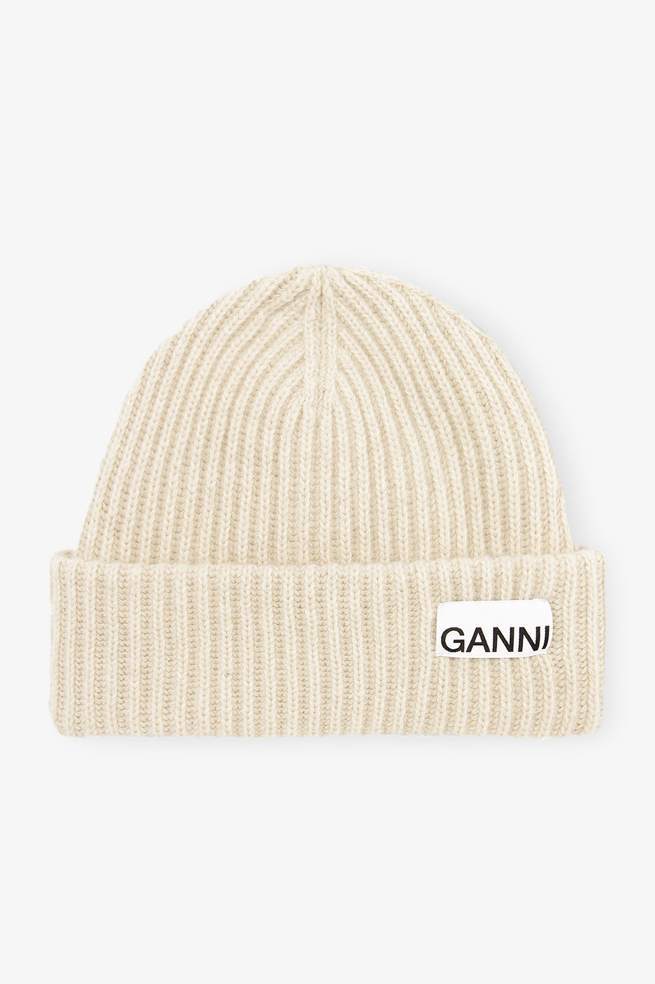 Oversized Wool Rib Knit Beanie, Wool, in colour Brazilian Sand - 1 - GANNI