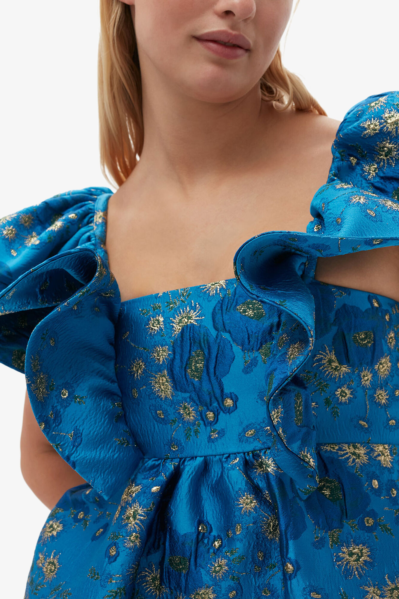 3D Jacquard Ruffle Midi Dress, Recycled Polyester, in colour Brilliant Blue - 4 - GANNI