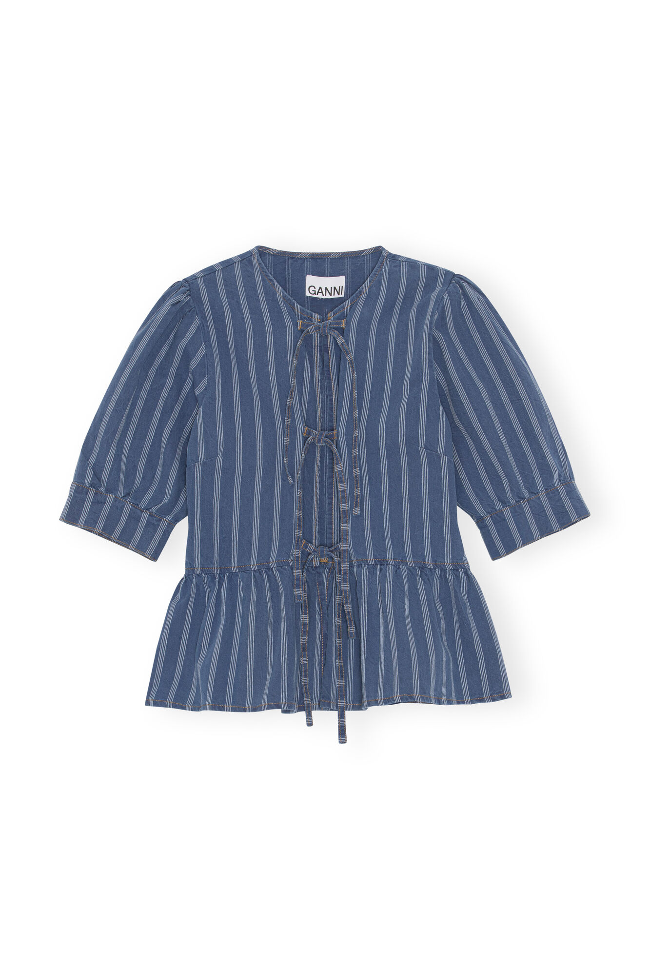 Denim Peplum Blouse, Cotton, in colour Tint Wash - 1 - GANNI