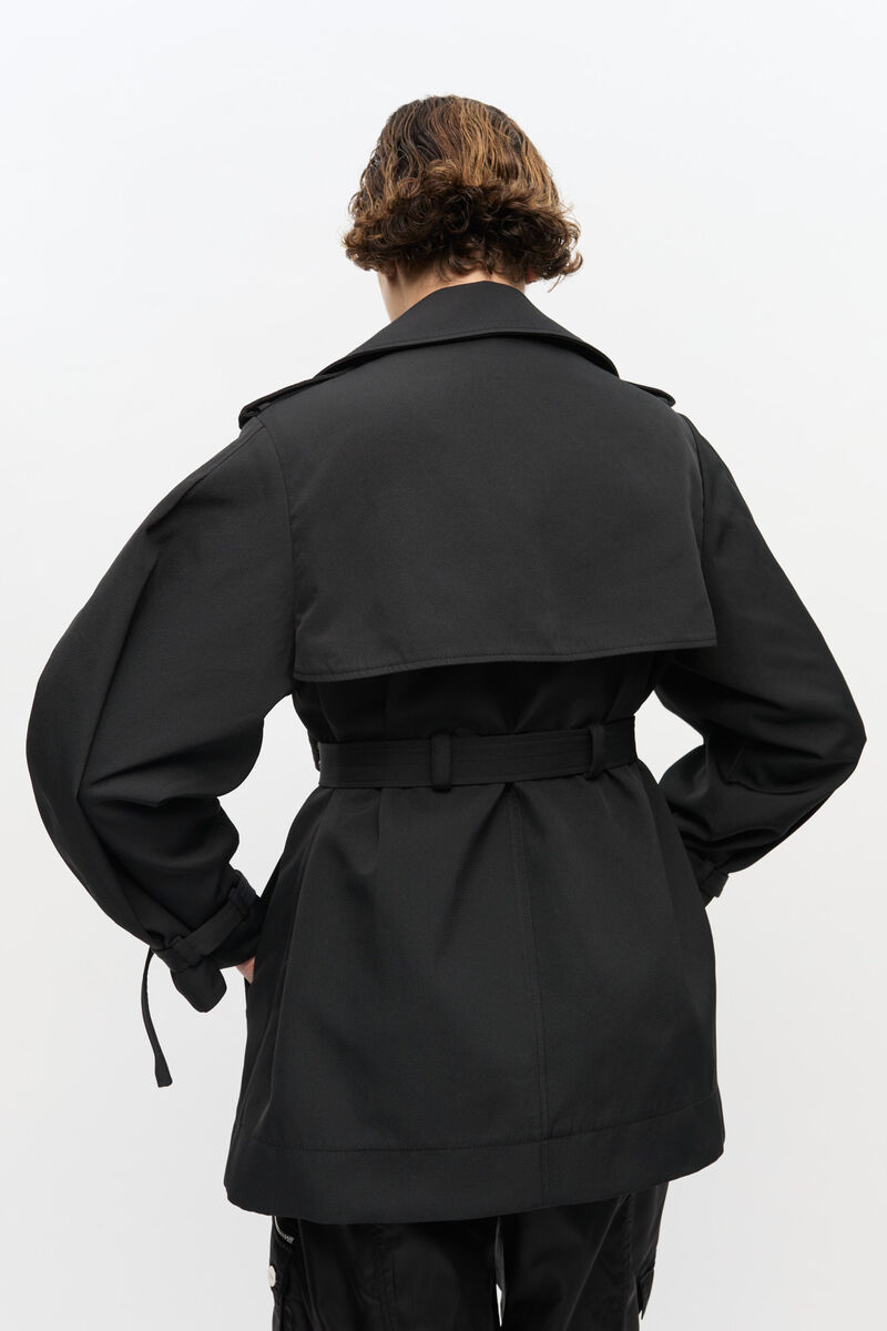 Black Heavy Twill Midi Trench Coat, Recycled Polyester, in colour Black - 3 - GANNI
