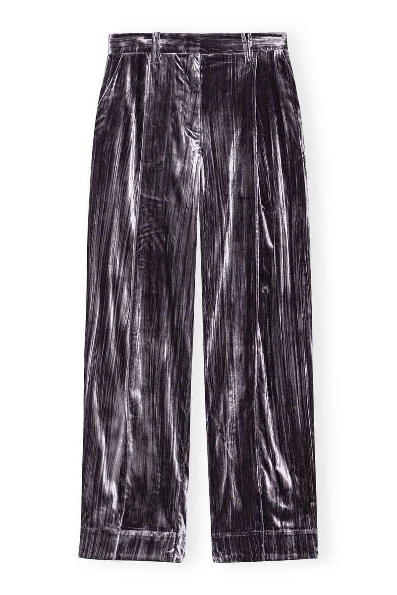 Grey Striped Velvet Relaxed Pleated Trousers, Elastane, in colour Phantom - 1 - GANNI