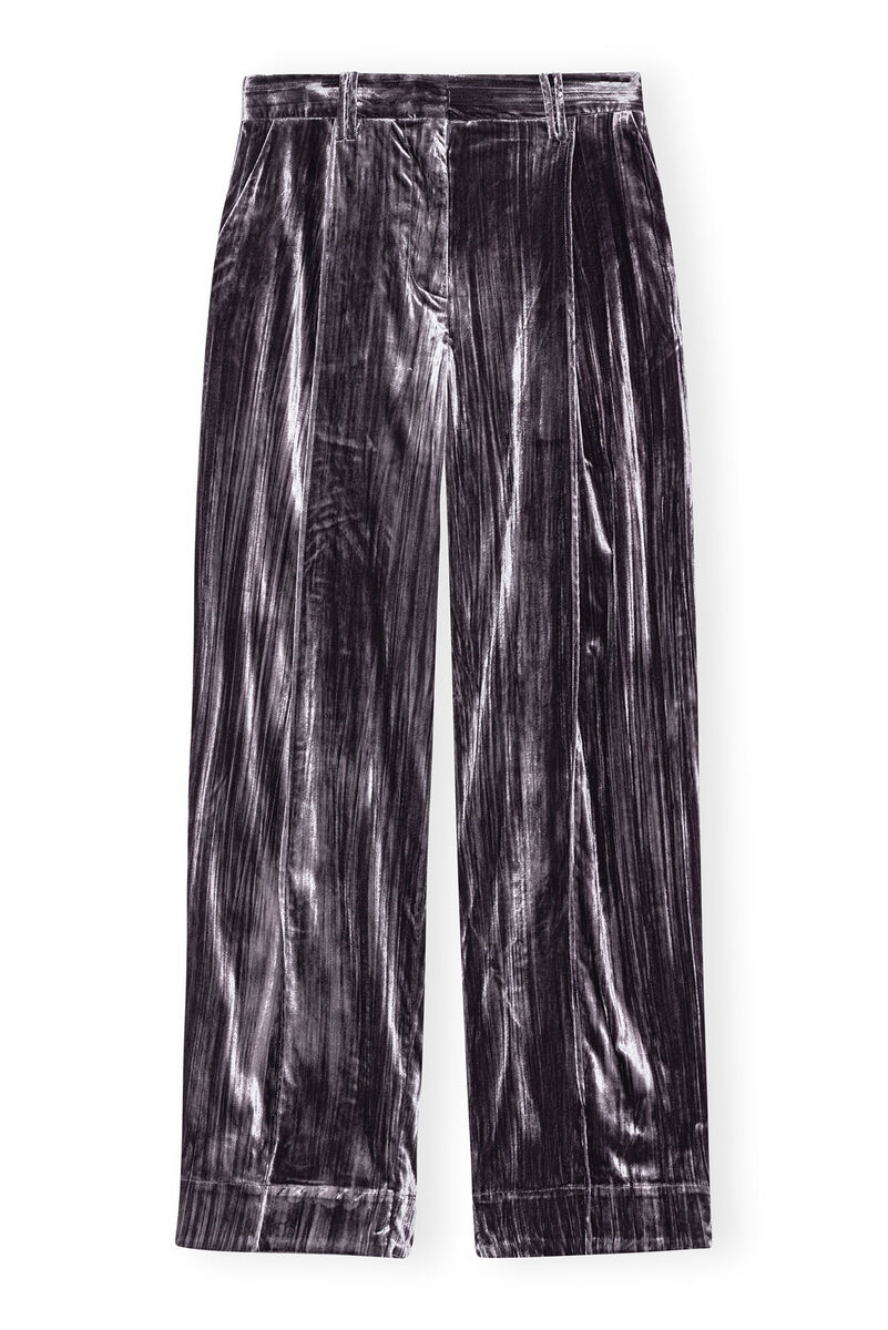 Grey Striped Velvet Relaxed Pleated Hose, Elastane, in colour Phantom - 1 - GANNI