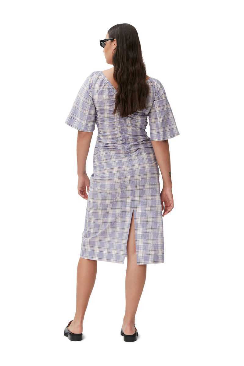 Seersucker Midi Dress, Organic Cotton, in colour Check Persian Violet - 2 - GANNI