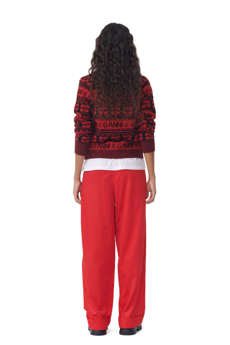 Red Shiny Corduroy Loose Pleat Trousers, Organic Cotton, in colour High Risk Red - 3 - GANNI