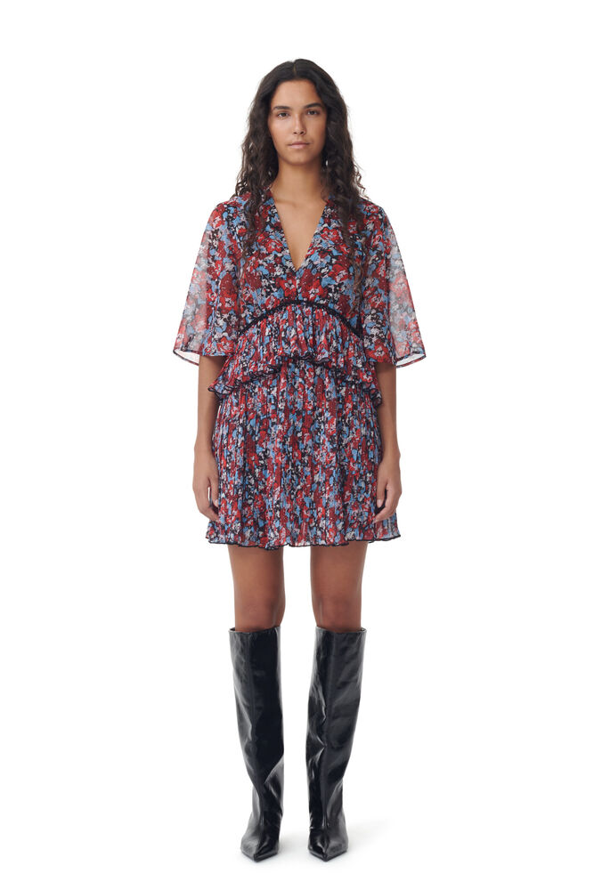 Red Pleated Georgette V-neck Smock Mini Dress, High Risk Red