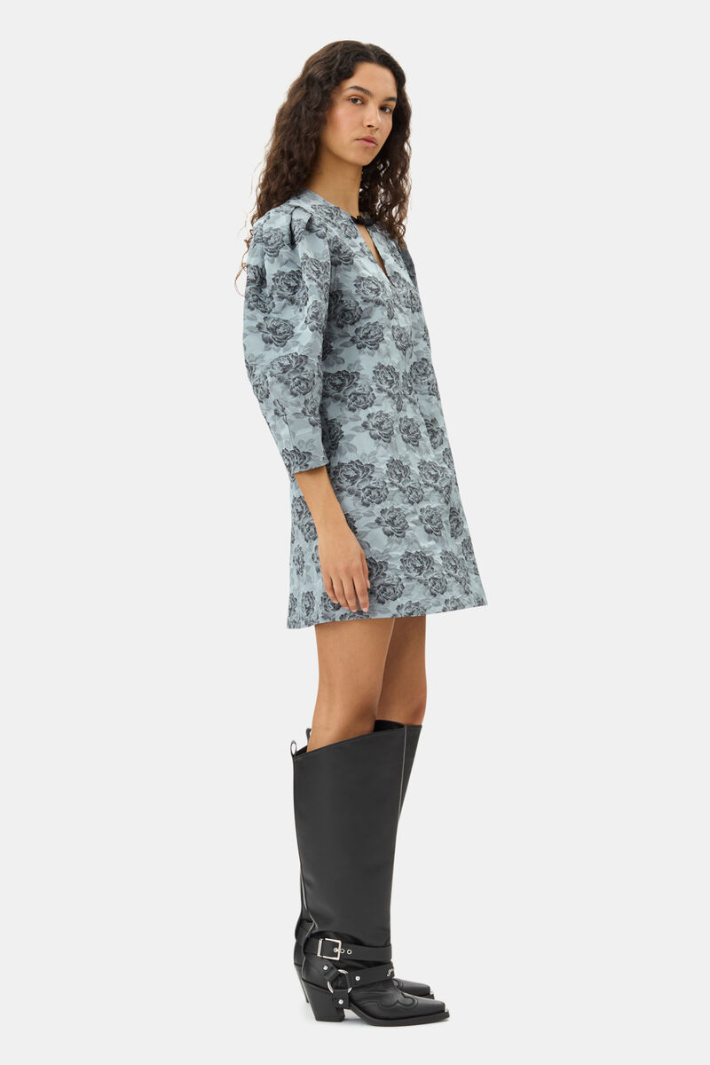 Blue Floral Jacquard A-Line Mini Dress, Polyamide, in colour Illusion Blue - 3 - GANNI