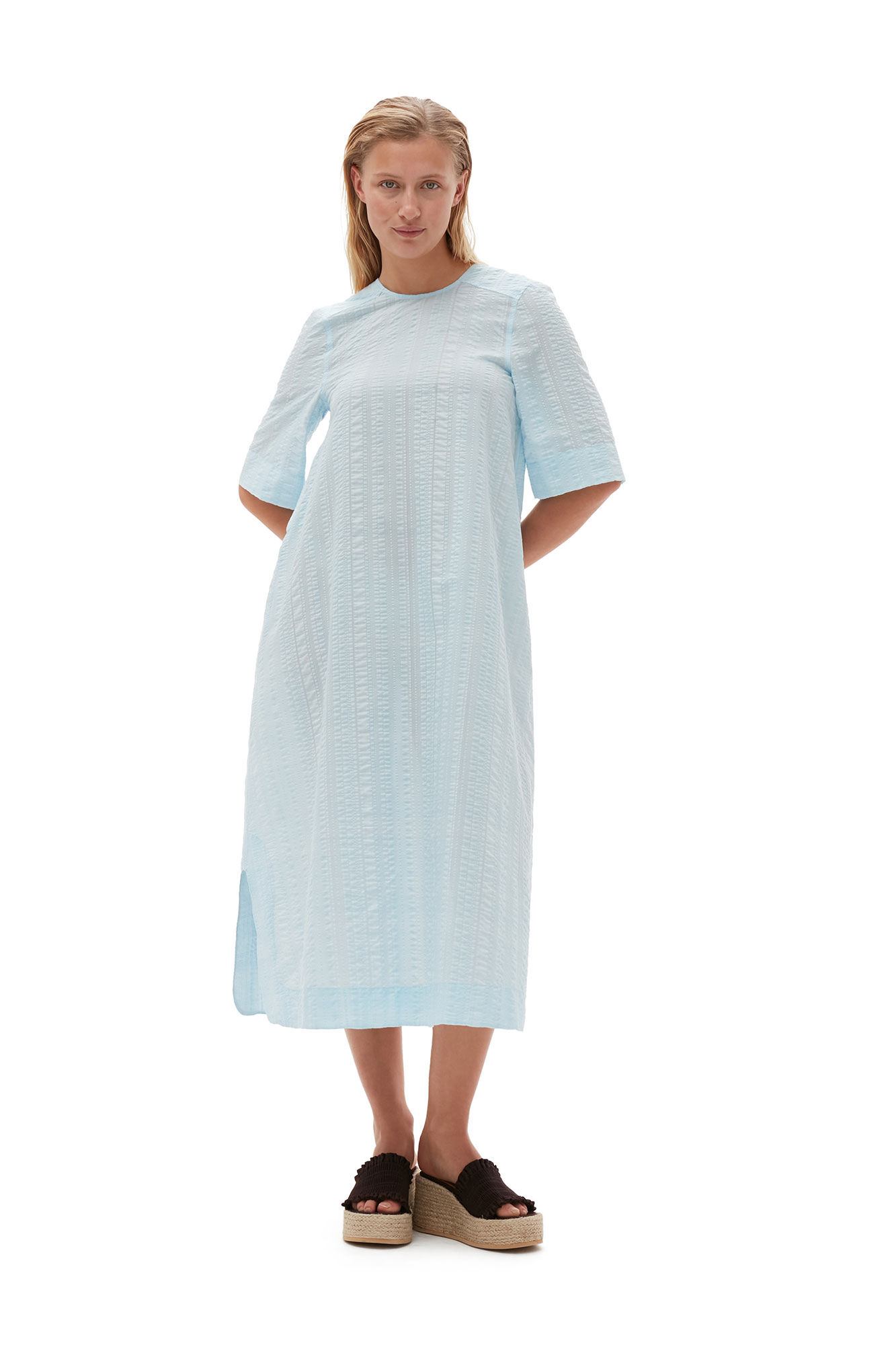 Seersucker Check Maxi Dress, Elastane, in colour Ice Water - 1 - GANNI