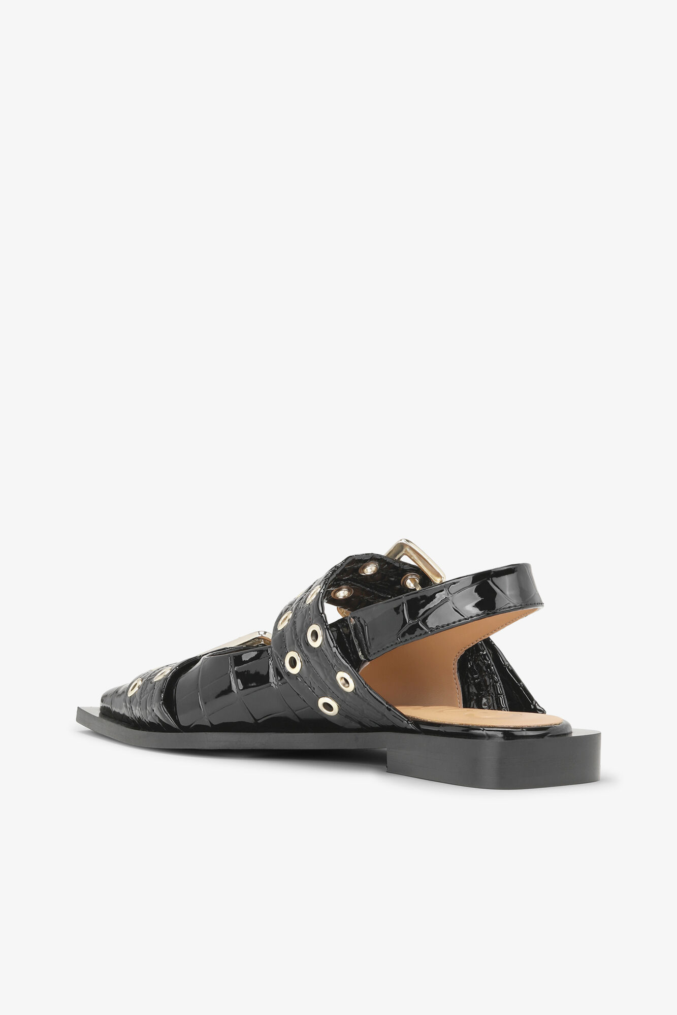 Feminine Ballerinas mit Schnalle in Schwarze Croco Patent, Recycled Leather, in colour Black - 3 - GANNI