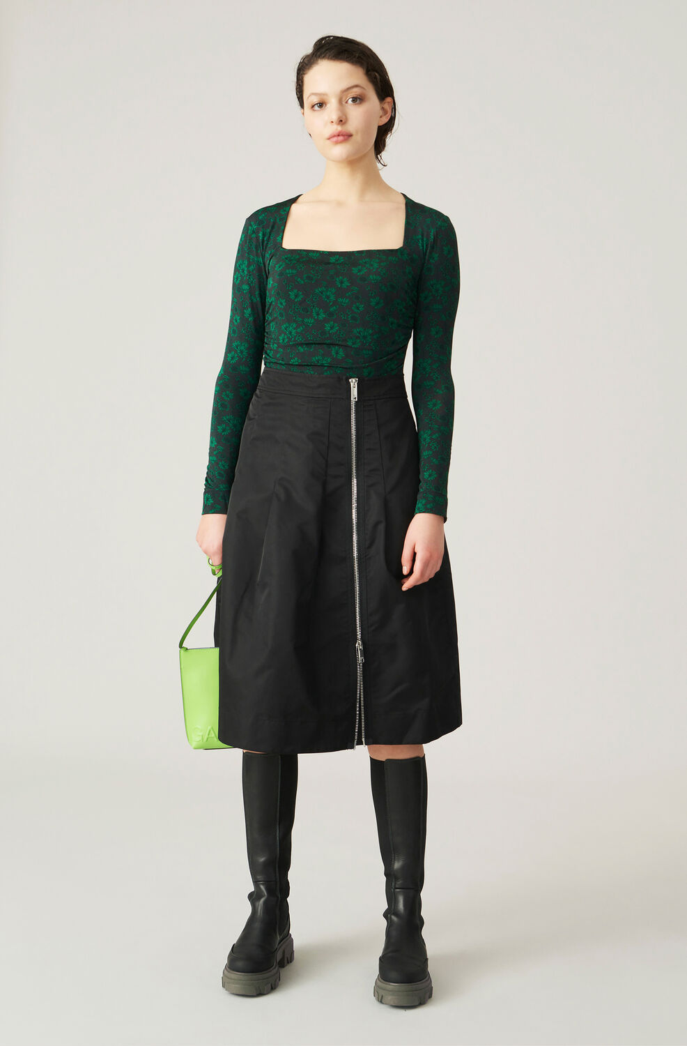 가니 스커트 Ganni Recycled Nylon Asymmetrical Midi Skirt,Black