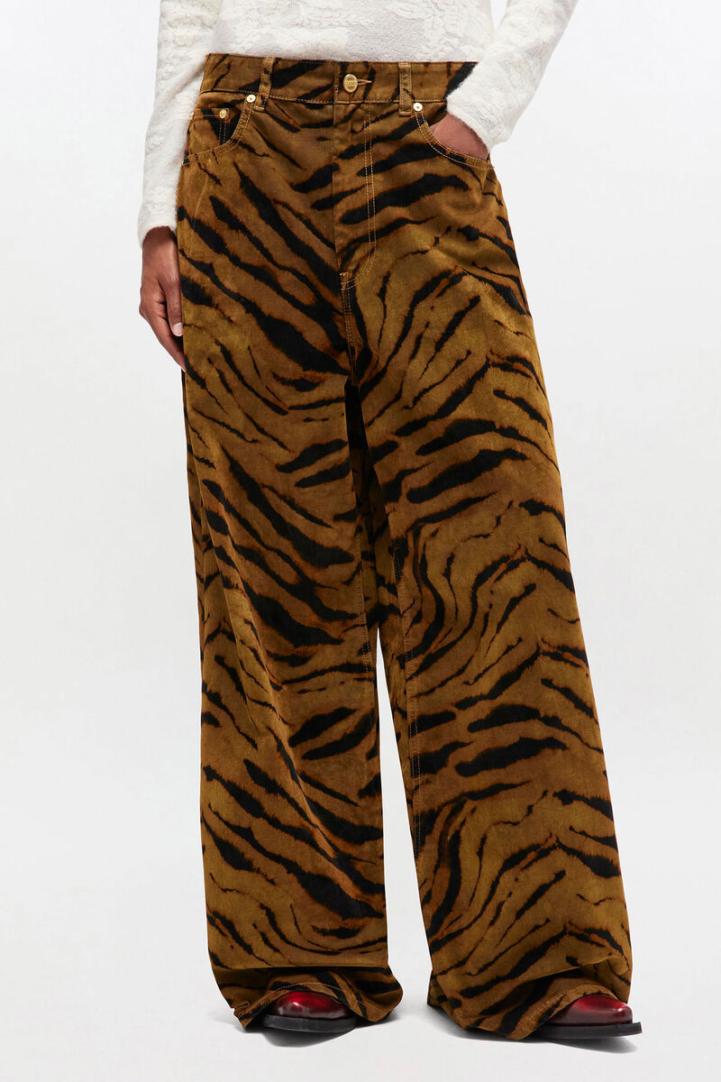 Zebra Print Baggy Jeans, Recycled Cotton, in colour Khaki - 1 - GANNI
