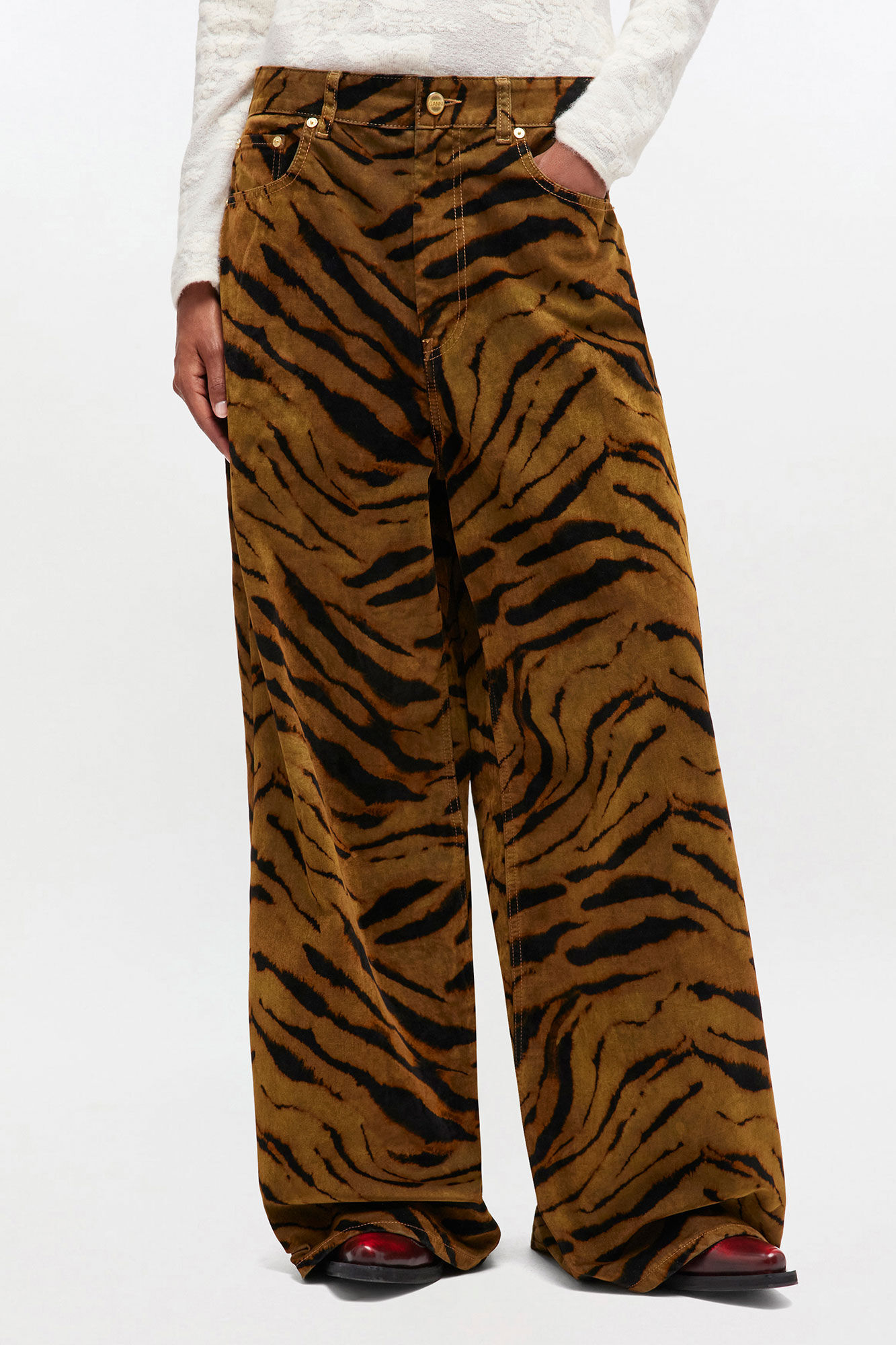 Zebra Print Baggy Jeans, Recycled Cotton, in colour Khaki - 1 - GANNI