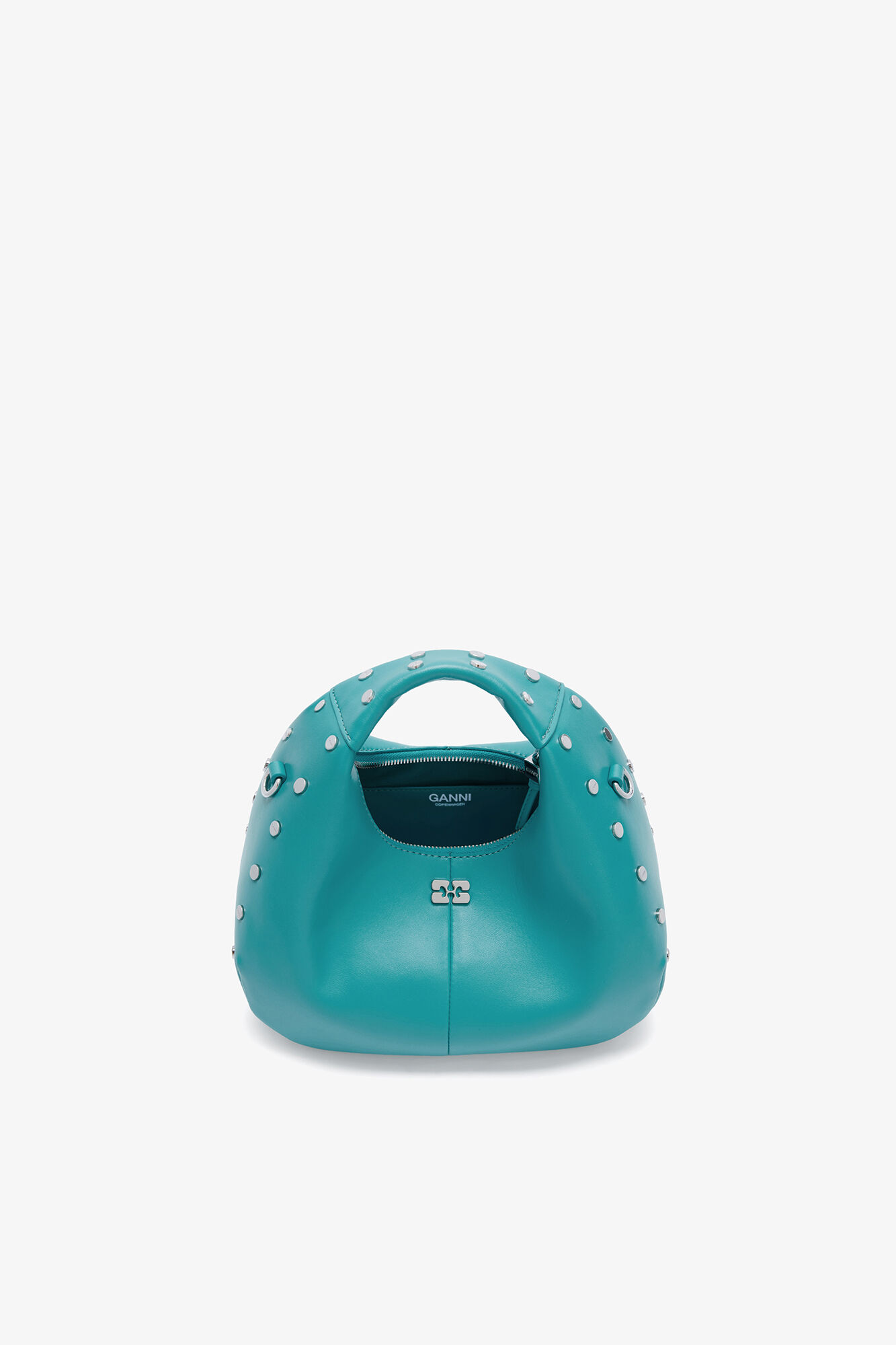 Mini Hobo Bag Studs in Blue, Recycled Leather, in colour Baltic - 3 - GANNI