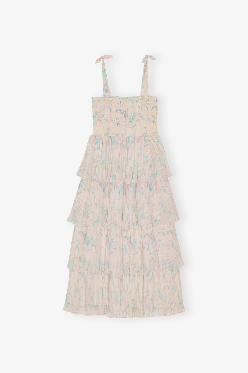 Floral Printed Pleated Georgette Strap Smock Midi Dress, Recycled Polyester, in colour Tofu - 1 - GANNI