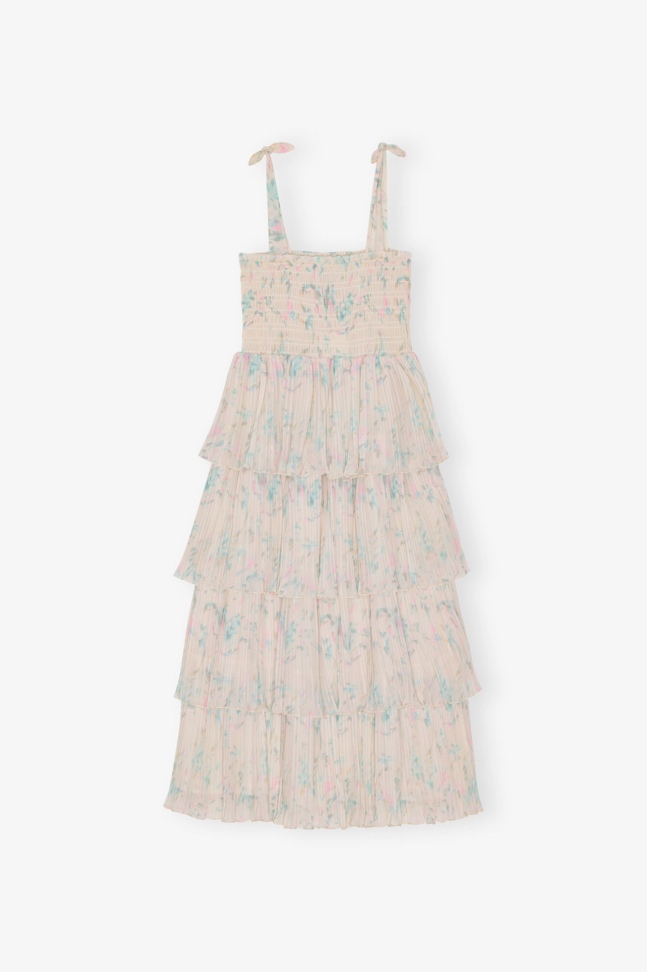 Floral Printed Pleated Georgette Strap Smock Midi Dress, Recycled Polyester, in colour Tofu - 1 - GANNI