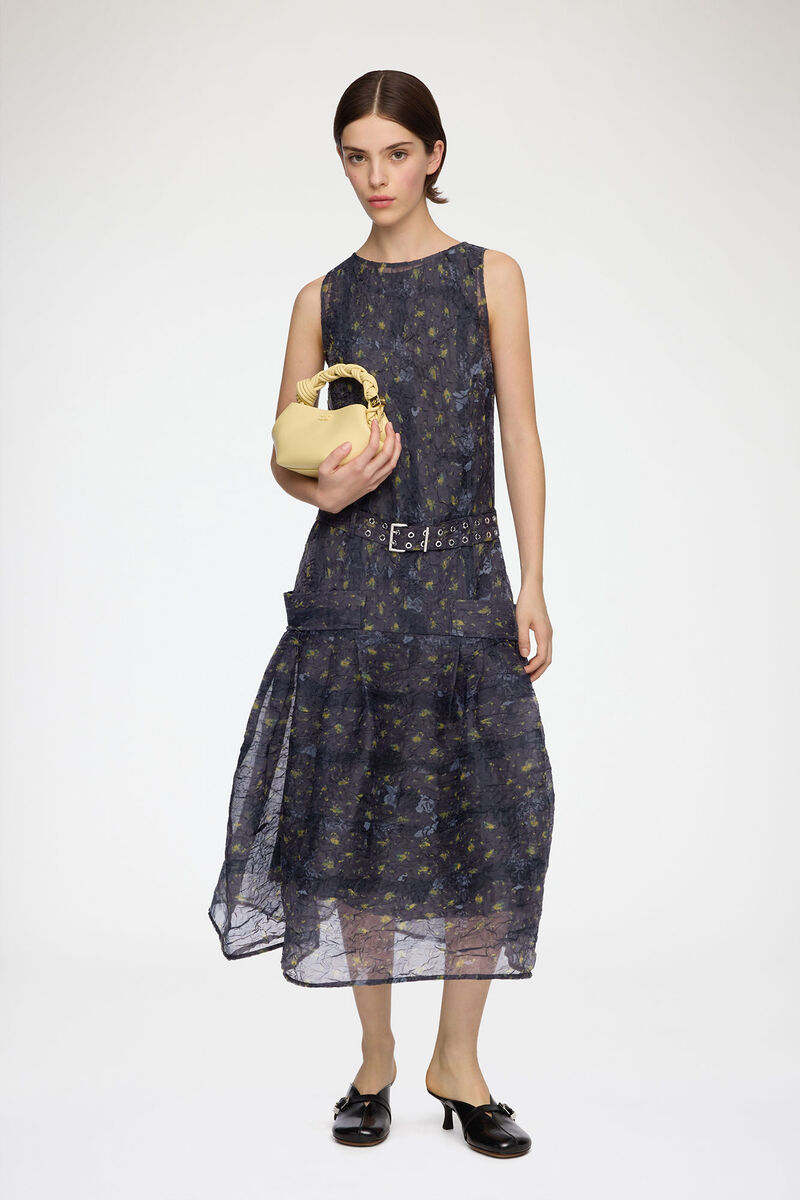 Dress in Shibori Organza, Recycled Polyester, in colour Black Sand - 1 - GANNI