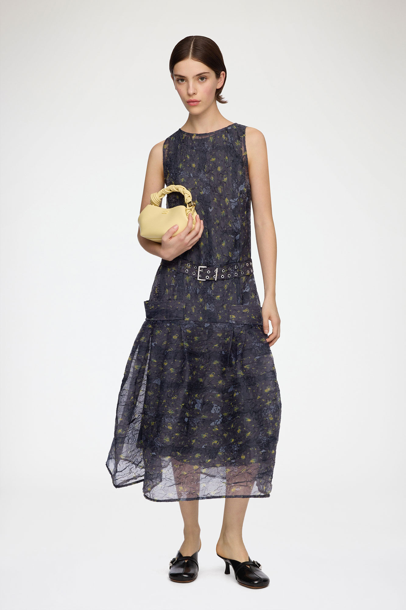 Dress in Shibori Organza, Recycled Polyester, in colour Black Sand - 1 - GANNI