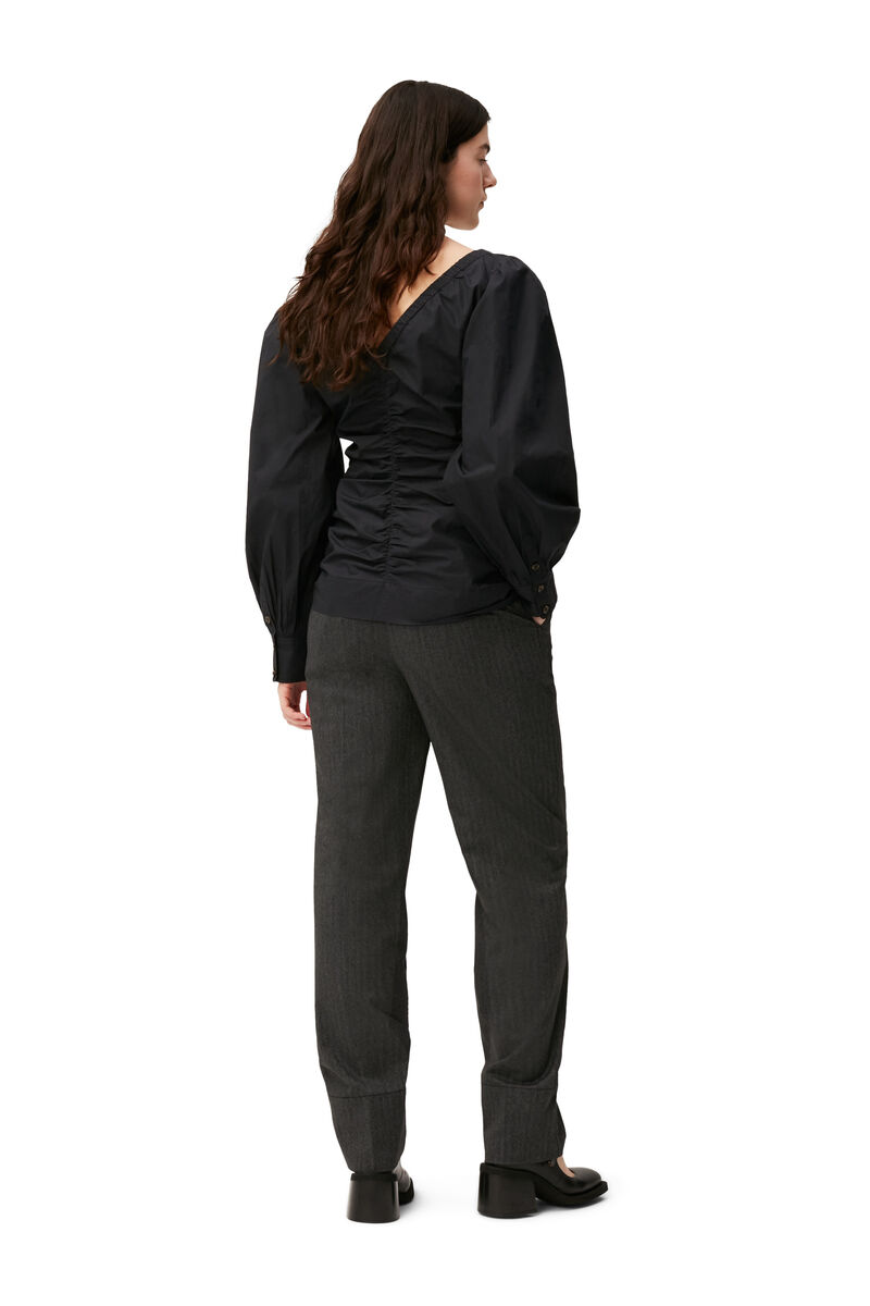 Cotton Poplin V-neck Blouse, Cotton, in colour Black - 2 - GANNI