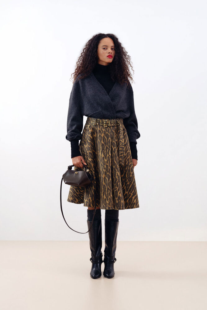 Leopard Denim Wrap Skirt, Khaki