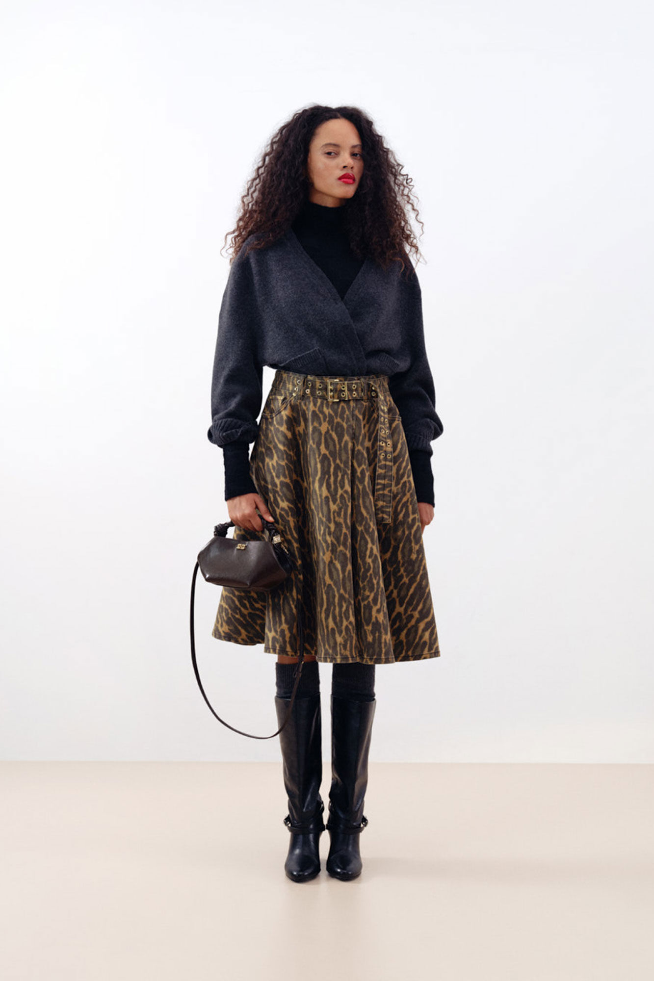 Leopard Denim Wrap Skirt, Organic Cotton, in colour Khaki - 1 - GANNI