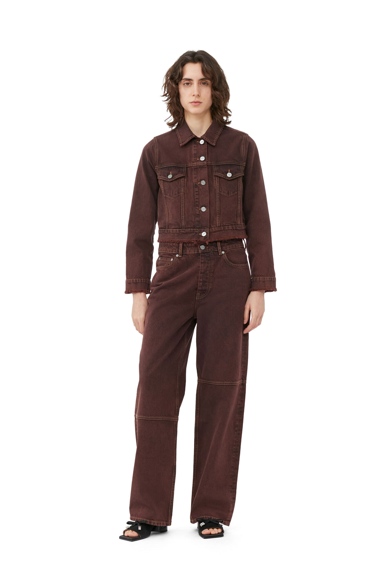 Overdyed Bleach Denim Cropped Jacket, Cotton, in colour Shaved Chocolate - 1 - GANNI