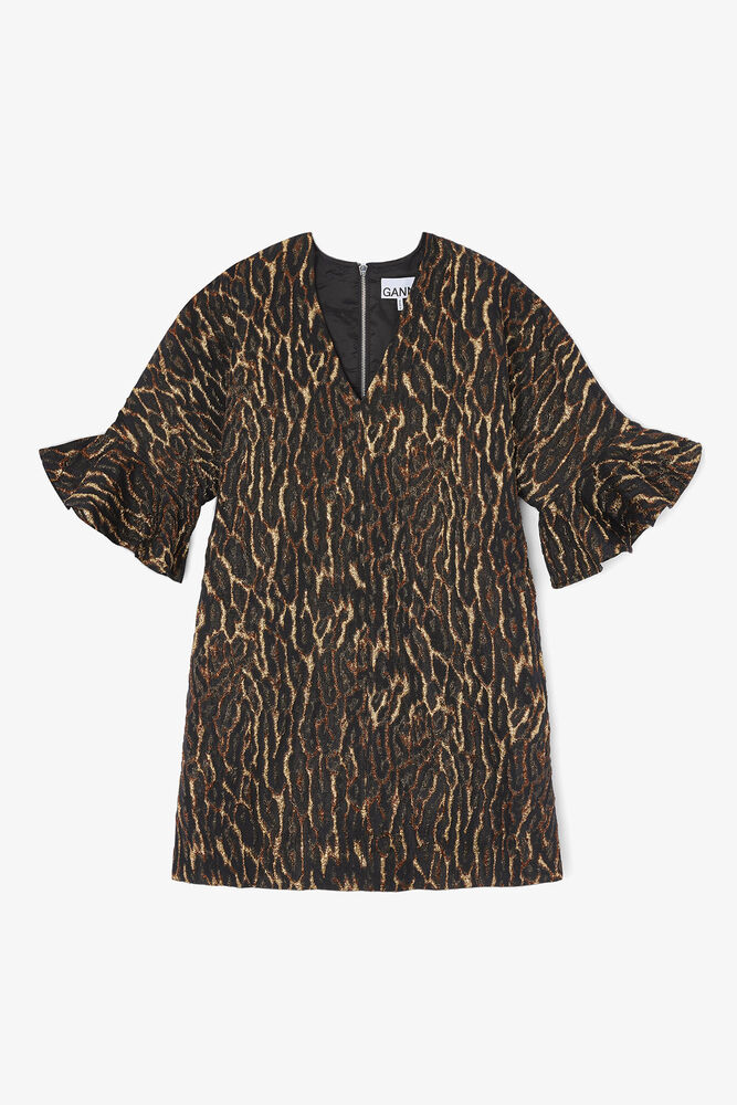 Metallisk minikjole i cloqué med flæser, Antique Bronze