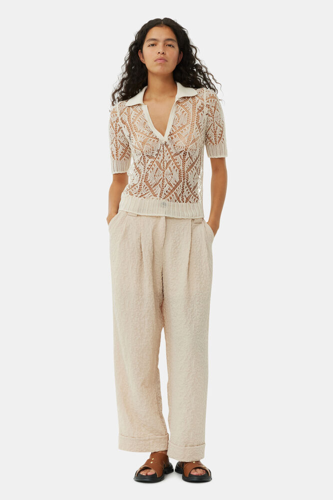 Beige Textured Suiting Mid Waist-bukse, Oyster Gray
