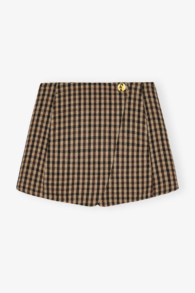 Check Wool Mini Skirt, Chicory Coffee