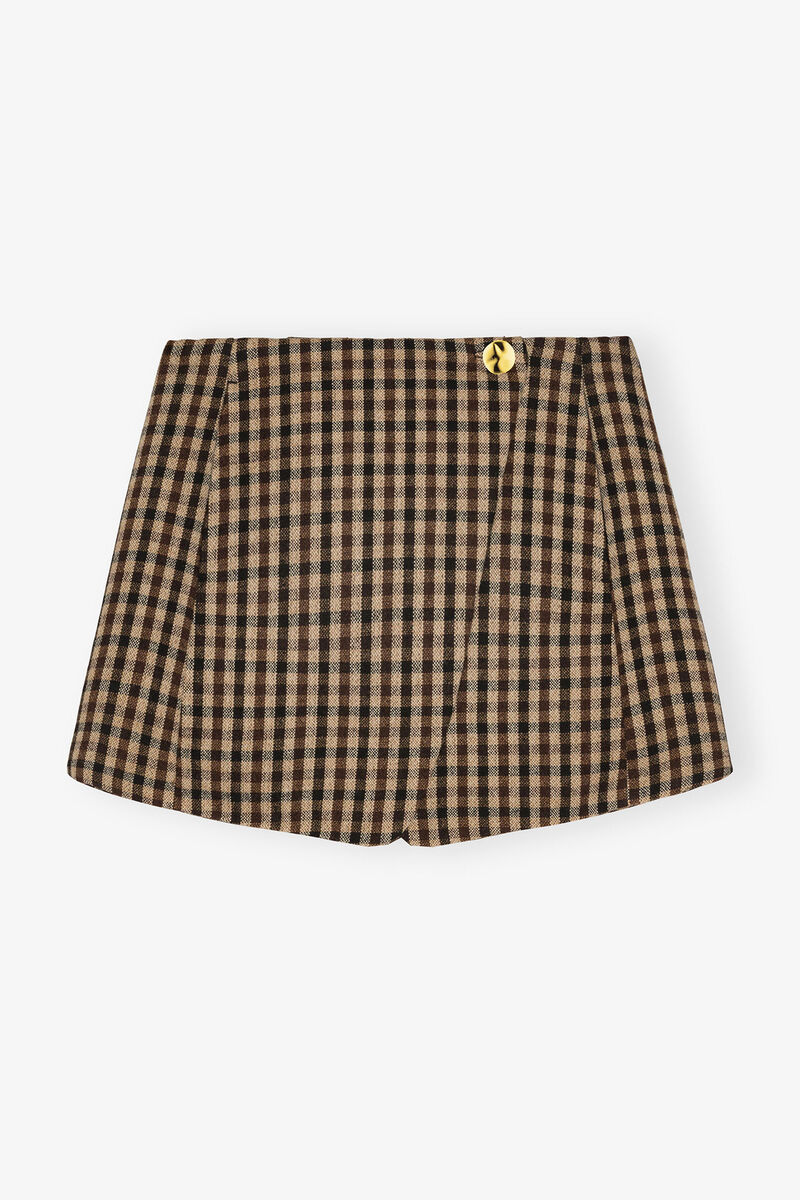 Check Wool Mini Skirt, Recycled Polyester, in colour Chicory Coffee - 1 - GANNI