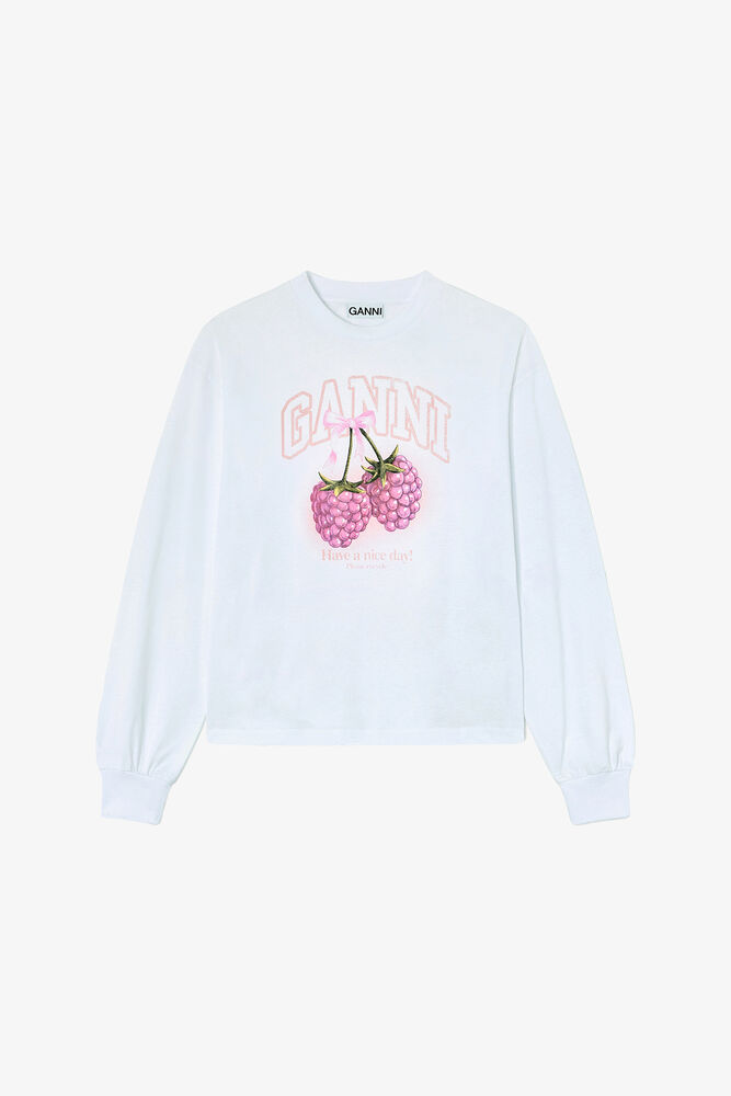 ラズベリー柄のロングスリーブTシャツ, Bright White