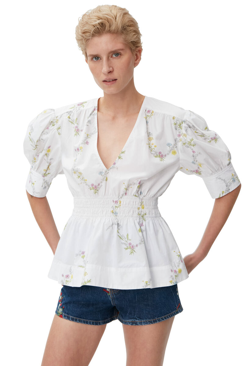 Poplin V-Neck Shirt, Cotton, in colour Floral Shape Bright White - 1 - GANNI