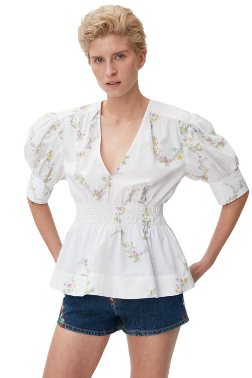 가니 V넥 포플린 셔츠 Ganni Poplin V-Neck Shirt,Floral Shape Bright White