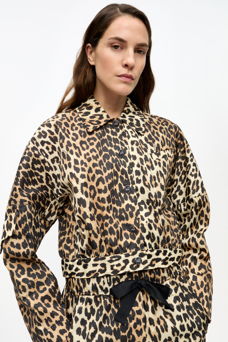 Leopard Duchesse Nylon Cropped Jacket, Nylon, in colour Leopard - 1 - GANNI