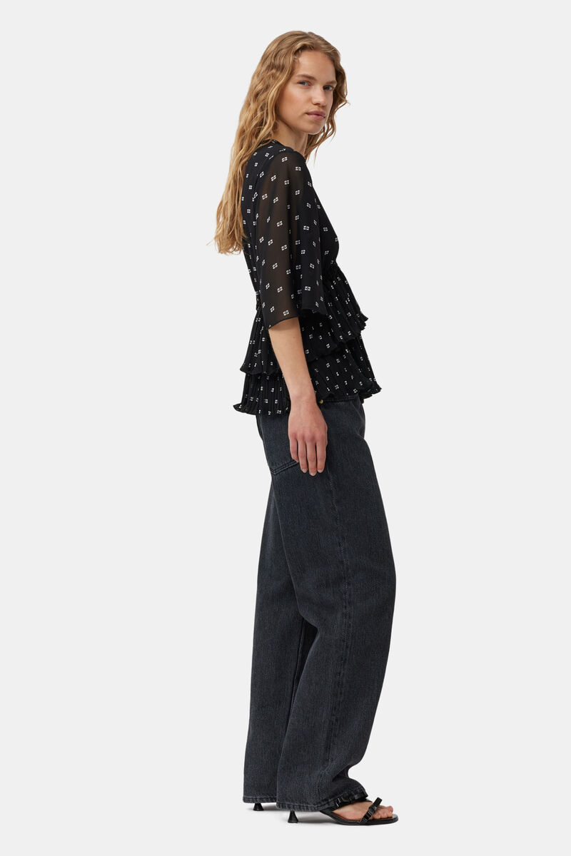 Black Pleated Georgette V-neck Flæsebluse, Recycled Polyester, in colour Black - 4 - GANNI