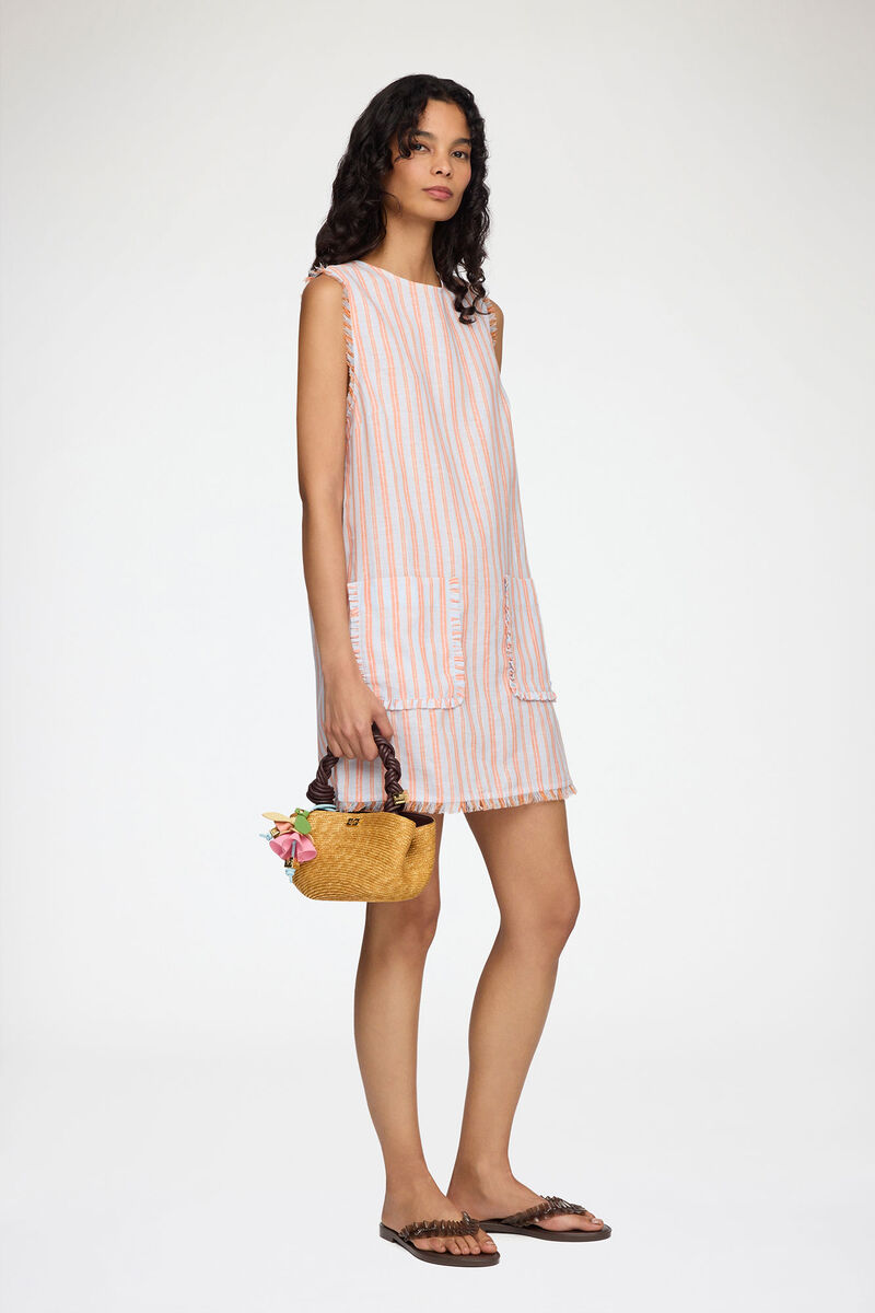 Mini Dress in Striped Linen, Linen, in colour Cantaloupe - 1 - GANNI